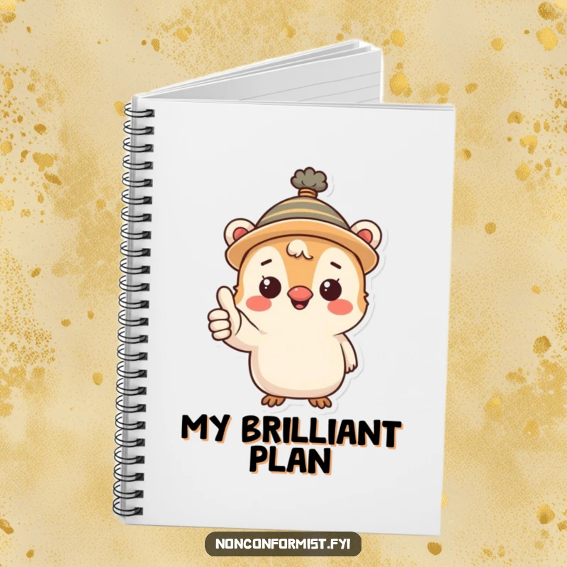 Funny notebook cover with a cute creature wearing a funny hat and giving a thumbs-up, encouraging organized thoughts.