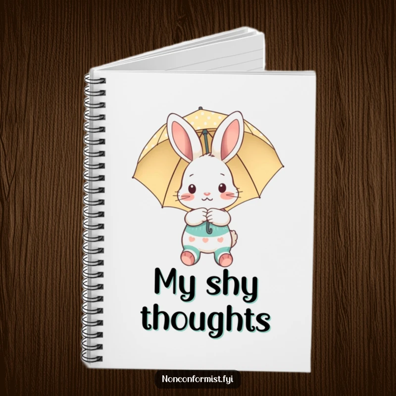 Funny notebook featuring a shy bunny with mismatched socks and umbrella, ideal for journaling and a funny gift.