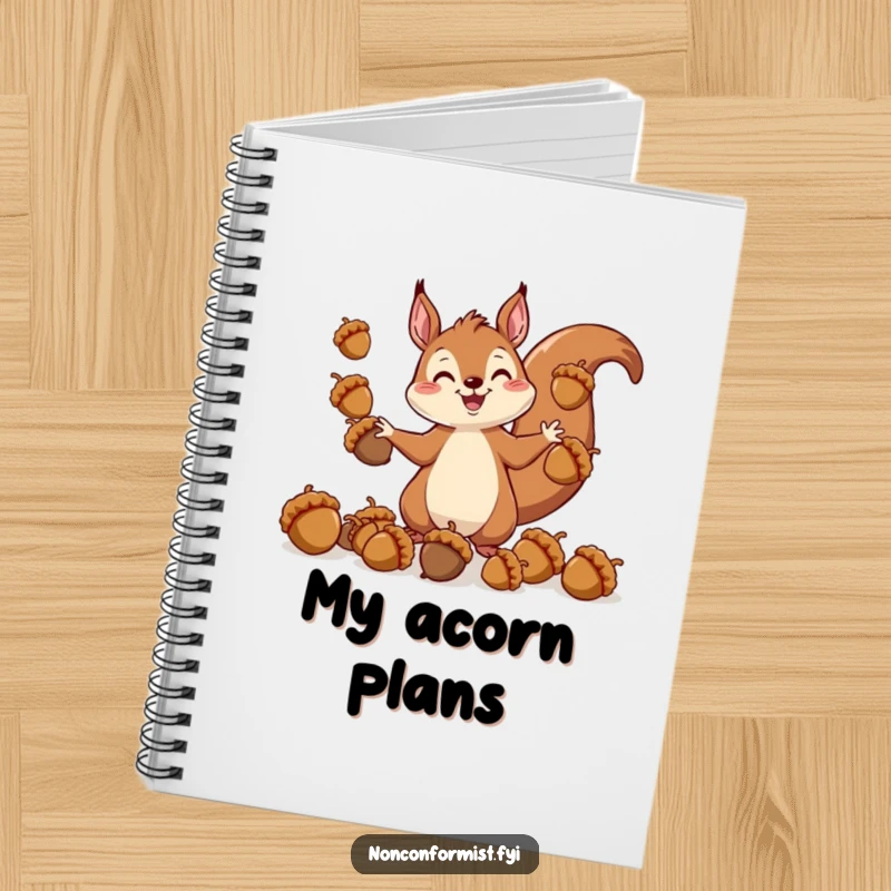 Funny notebook with a cheerful squirrel character juggling various acorn sizes, inspiring humorous note-taking and planning.