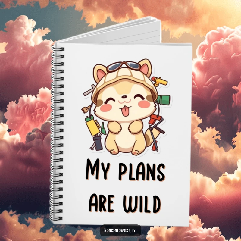 Funny Notebook illustrating a playful animal with its tongue out, building with odd items. A space for notes and funny ideas. Great funny gift.