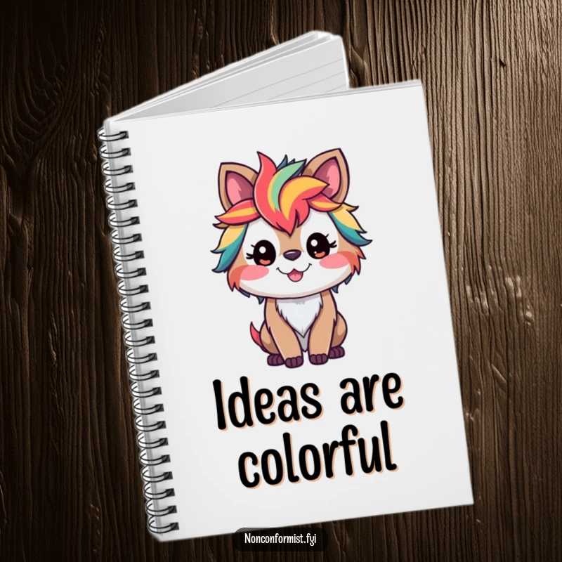 Funny notebook with a smiling kitten character sporting wild, vibrant rainbow streaks in its fur, designed for creative writing.