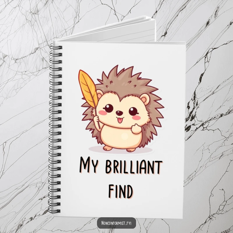 Funny notebook featuring a cheerful hedgehog proudly displaying a bright feather, inspiring happy thoughts and nature notes.