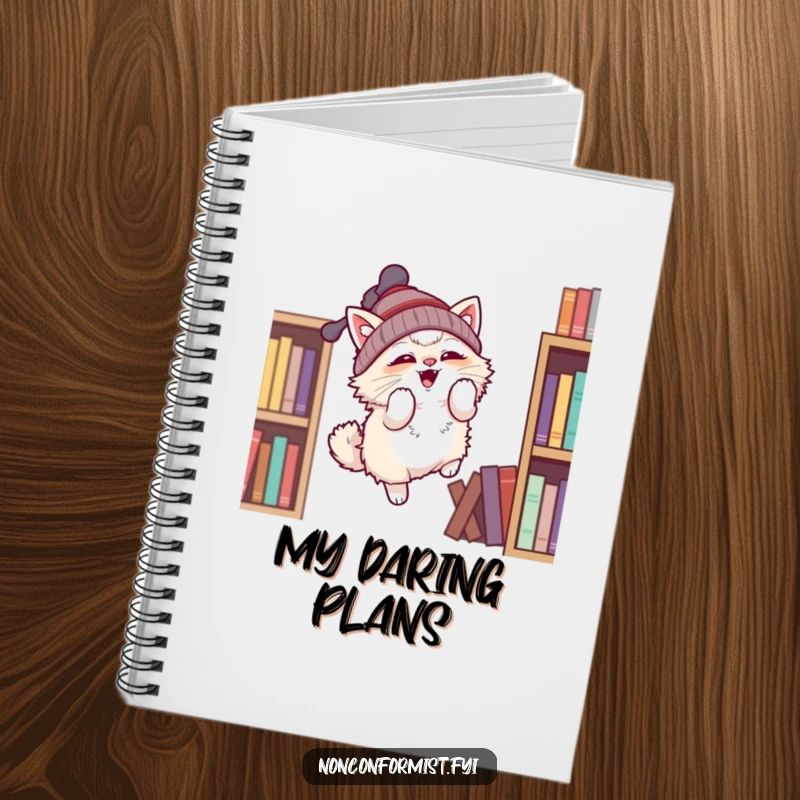 Funny notebook with a fluffy cat in a propeller beanie attempting flight, ideal for journaling and a funny gift.