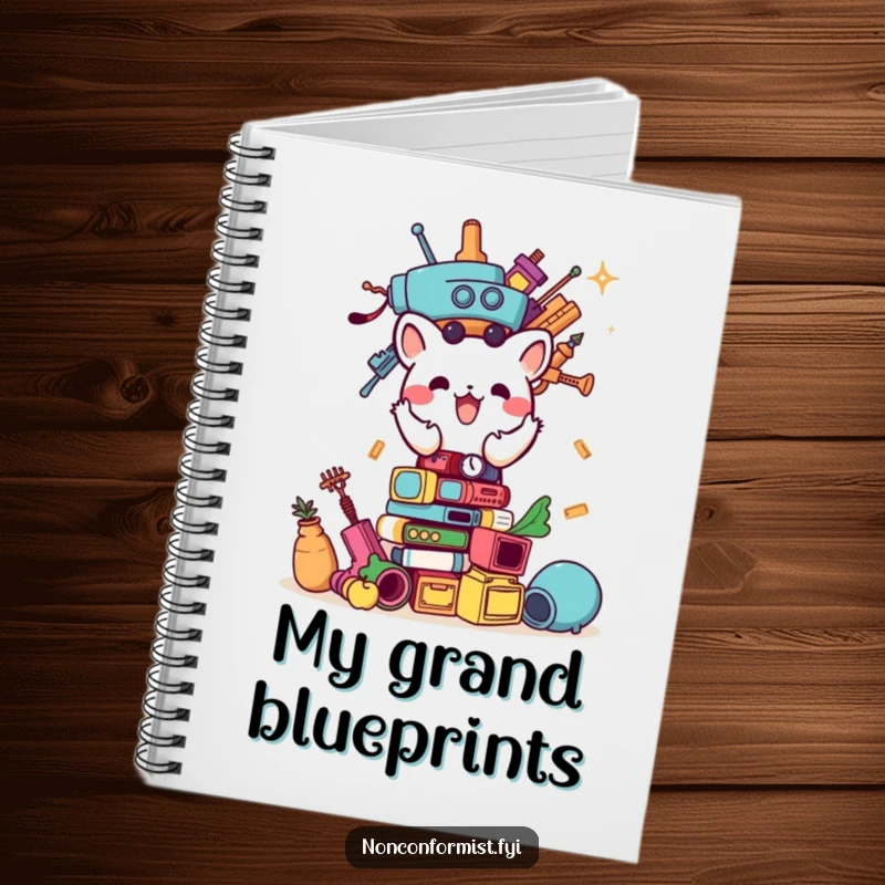 Funny notebook with a small animal character energetically building a tower of random items, inspiring creative note-taking.