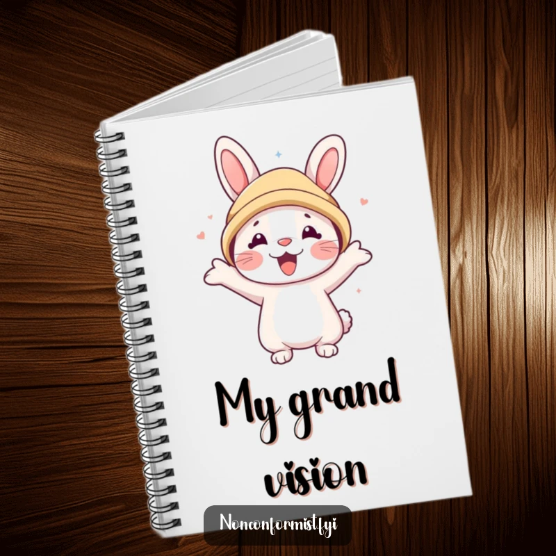 Funny notebook with a cute rabbit character joyfully wearing a much too large bear hat, inspiring happy thoughts.