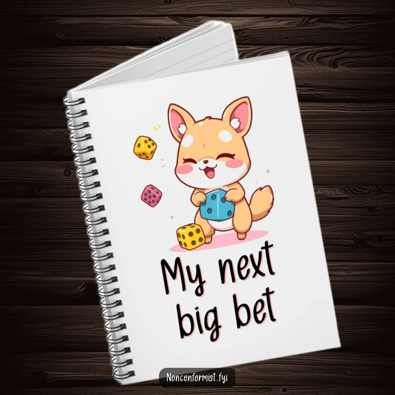 Funny animal character winking, juggling dice, on the cover of a notebook, perfect for jotting ideas.