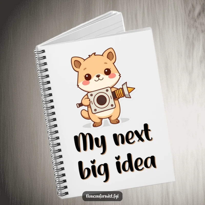 Funny notebook with a cute chipmunk proudly displaying a strange, homemade invention, designed for jotting down creative ideas.