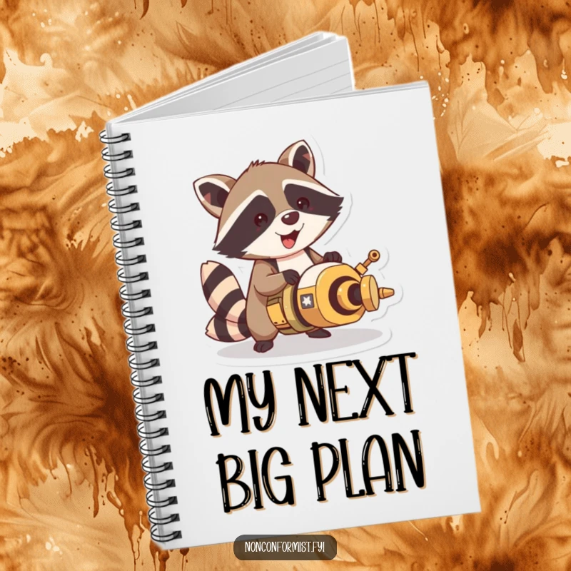 Funny raccoon character on a notebook cover, excitedly working on a unique contraption, symbolizing creative problem-solving.