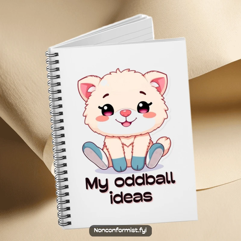 Funny notebook cover with a cute, fluffy animal character grinning proudly, showcasing its fun, mismatched socks, ready to capture ideas.