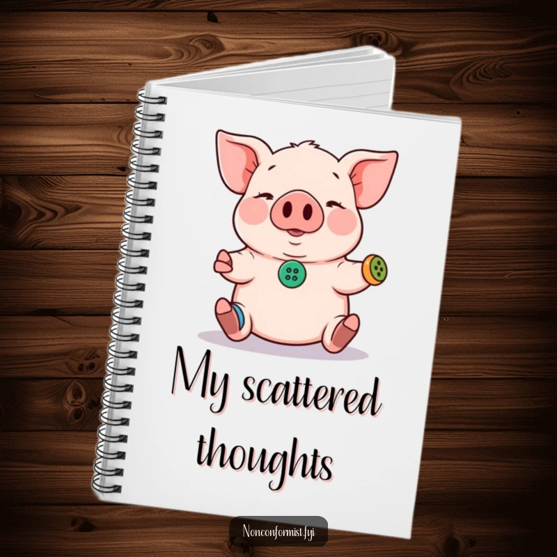 Funny Pig Notebook: Features a pig juggling tiny mismatched buttons, perfect for humorous and creative note-taking.