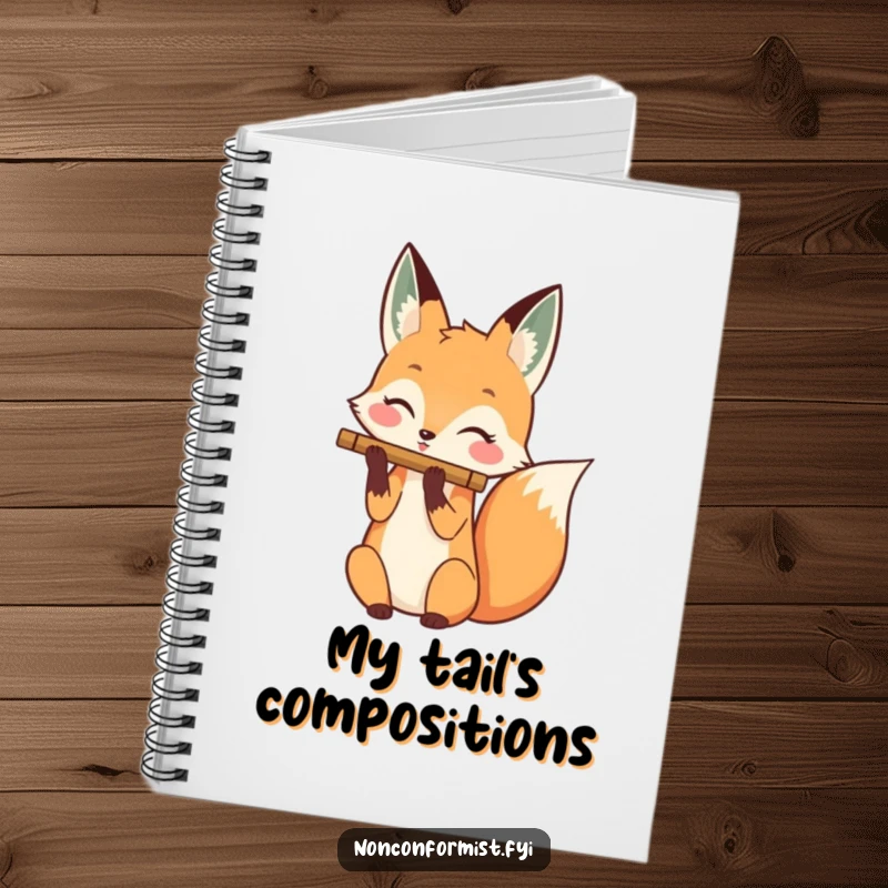 Funny notebook featuring a happy fox character playing a flute with its tail, inspiring musical creativity and notes.