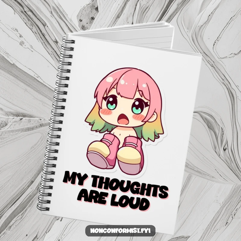 Funny Notebook featuring a surprised character with oversized, bright shoes. A space for notes and funny surprises. Excellent funny gift.