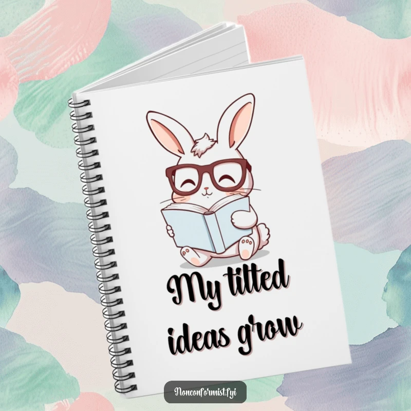 Funny bunny notebook with a curious rabbit wearing glasses, reading a sideways book, ideal for humorous note-taking.