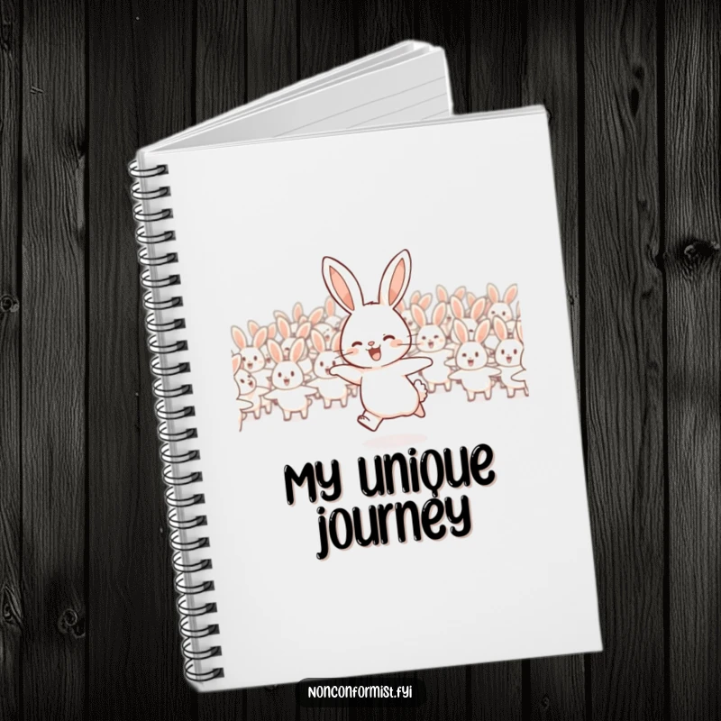 Funny rabbit notebook with a joyful rabbit hopping away from a flock, perfect for notes.