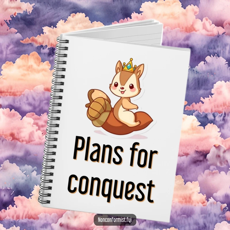 Funny notebook with a mischievous squirrel king on a rolling acorn, perfect for jotting down royal thoughts.