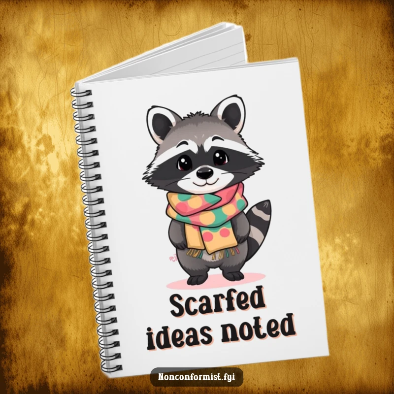 Funny notebook cover with a standout raccoon character tilting curiously, wearing a brightly patterned handmade scarf, perfect for journaling.