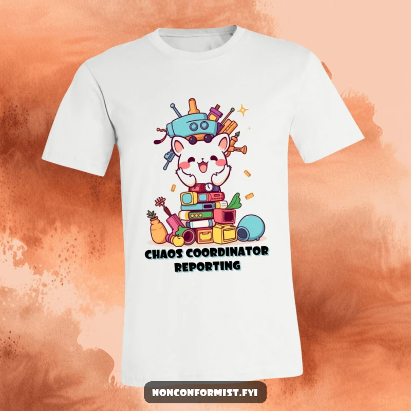 Funny t-shirt with a small animal character enthusiastically stacking mismatched items into a tall, precarious tower with a determined look.
