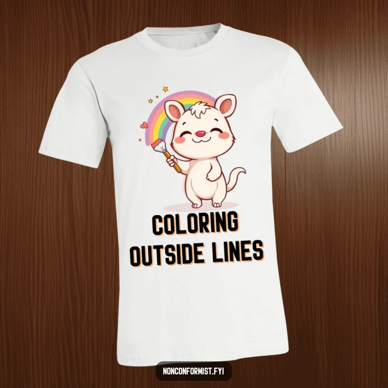 Funny T-Shirt: Adorable animal with a goofy grin joyfully paints a bright rainbow on a dreary grey wall.