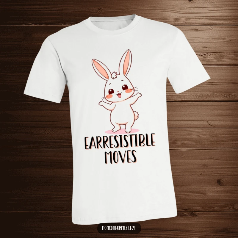 Funny t-shirt showcasing a cute bunny performing a silly dance with mismatched ears, embodying carefree joy and playful energy.