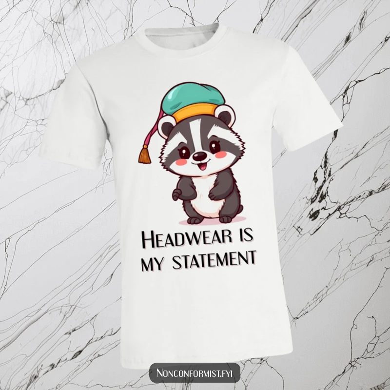 Funny badger t-shirt with an enthusiastic badger sporting a bright, unusual hat.