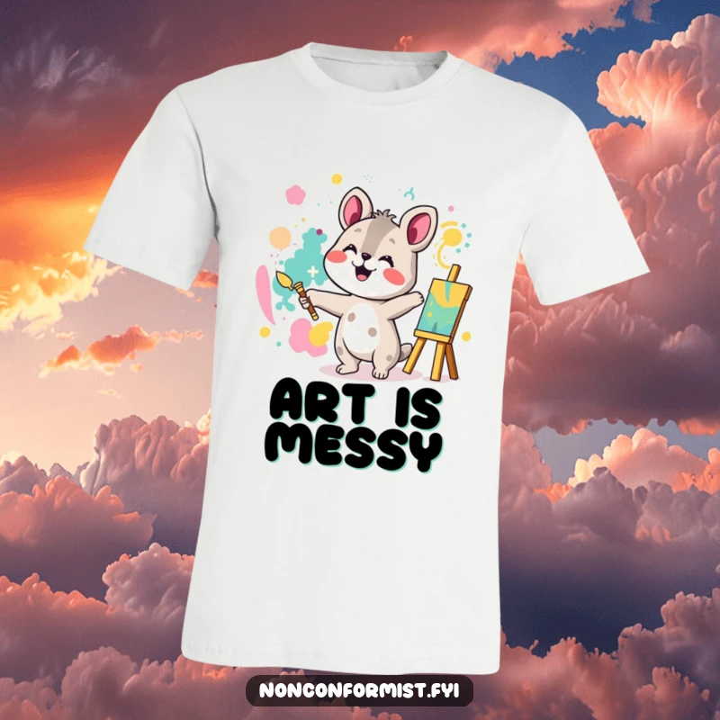 Funny t-shirt depicting an animal character joyfully creating a vibrant, abstract pattern with bold colors and a look of pure artistic bliss.