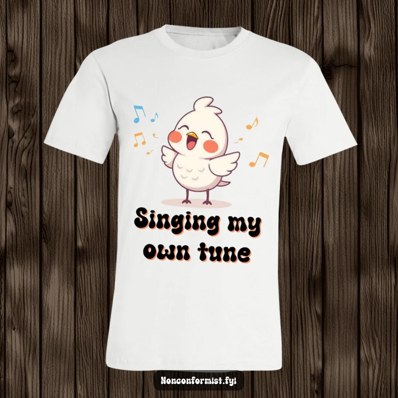 Funny Cute Bird T-Shirt: A small, cute bird character is depicted singing with a unique and quirky rhythm, conveying musical joy.