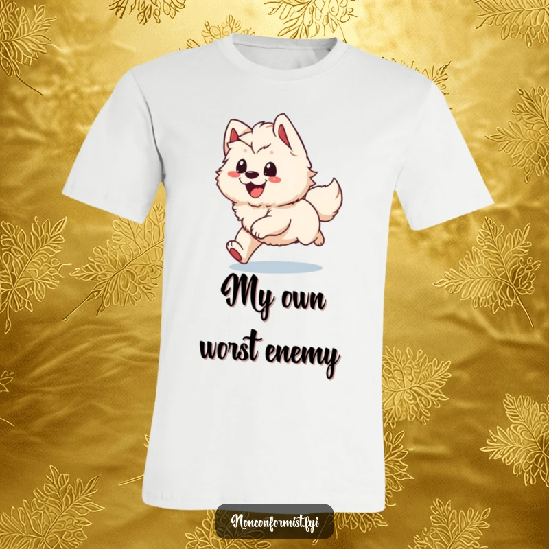 Funny T-Shirt: A happy, fluffy dog character enthusiastically spinning in circles while chasing its tail with a huge, goofy grin.
