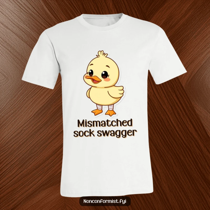 Funny t-shirt featuring a cute duck character proudly wearing odd socks and a big, goofy grin, showcasing delightful eccentricity.