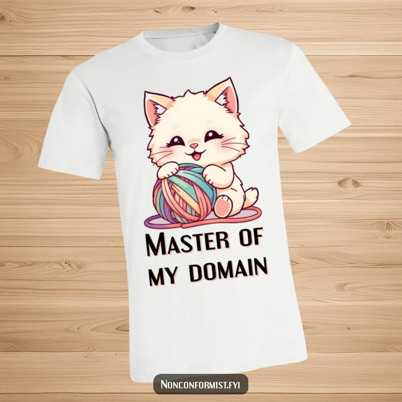 Funny t-shirt showcasing a fluffy cat joyfully tangled in a brightly colored ball of yarn, a scene of delightful mayhem.