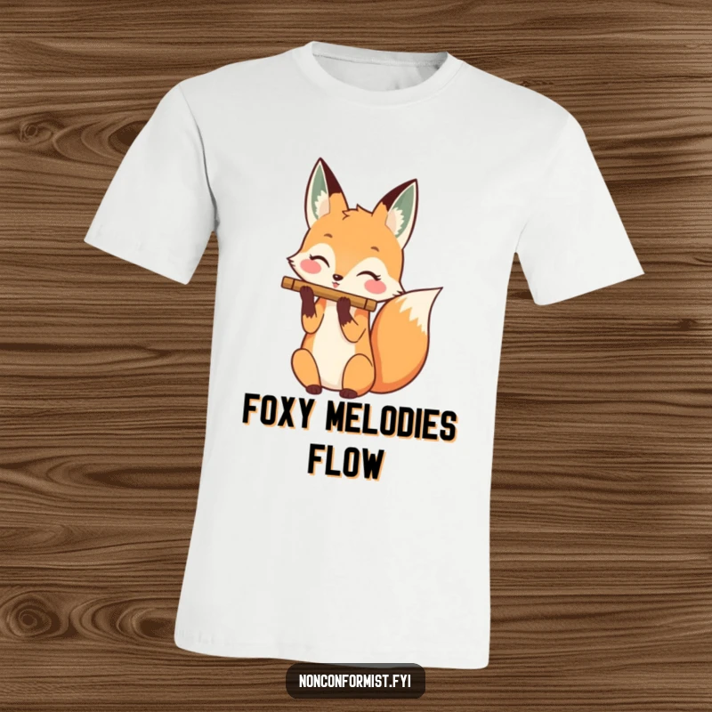 Funny t-shirt featuring a joyful fox character playing a flute elegantly with its tail, showcasing musical flair.