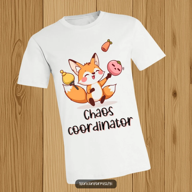 Funny fox t-shirt showing a playful character juggling three different sized, oddly shaped objects with impressive flair.