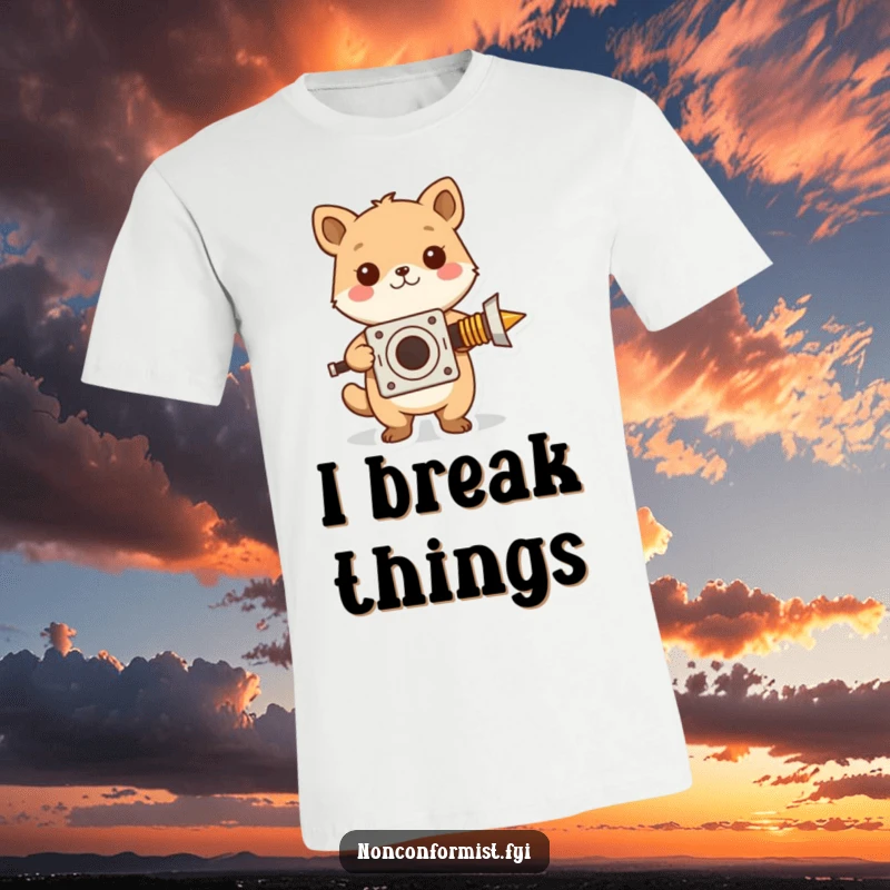 Funny t-shirt featuring a cute hamster proudly holding up a strange, homemade invention, celebrating quirky creativity.