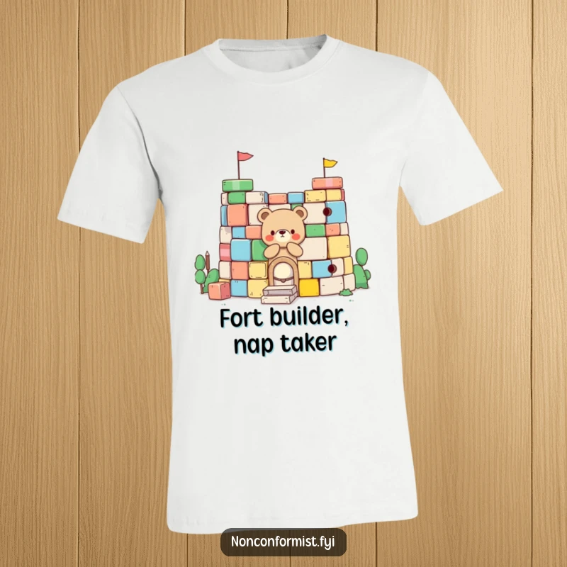 Funny Little Bear T-Shirt: A small bear character is focused on building a fort using large, colorful blocks, showcasing playful construction.
