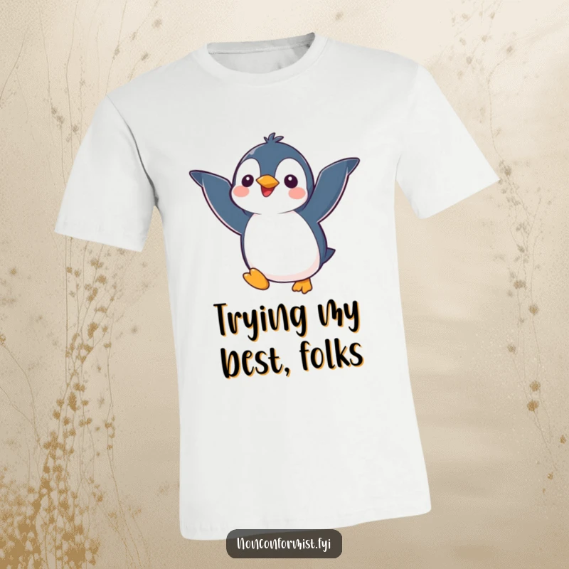 Funny kawaii penguin character with mismatched wings joyfully attempting to fly, printed on a T-shirt, ideal for funny gift seekers.