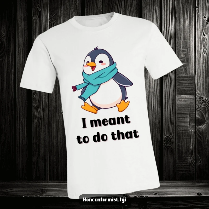 Funny penguin wearing a brightly colored scarf, hilariously tripping mid-stride, t-shirt graphic.