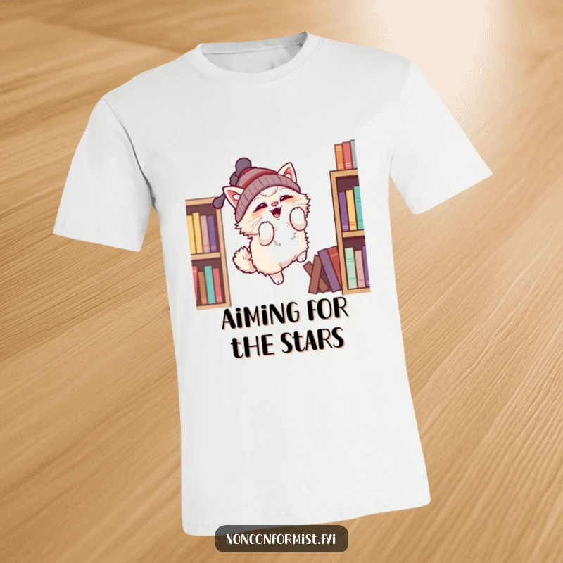 Funny t-shirt depicting a fluffy cat with a propeller beanie leaping from a shelf, a comical funny gift.