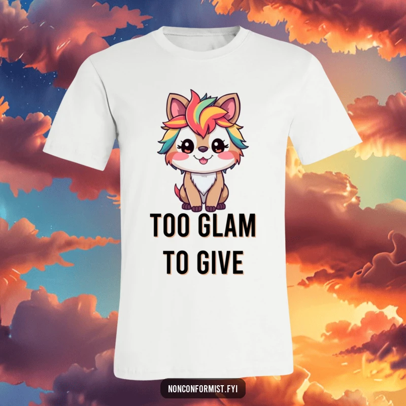 Funny t-shirt displaying a smiling wolf with wildly colorful, rainbow streaks in its fur, symbolizing unique self-expression.