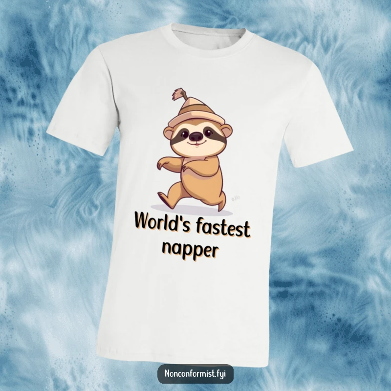 Funny sloth wearing a tiny, crooked hat, hilariously trying to speed walk off-screen, t-shirt.
