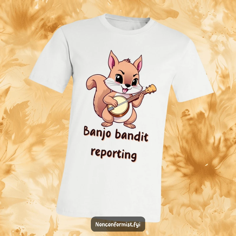 Funny squirrel t-shirt depicting a squirrel confidently playing a small banjo with a defiant expression.