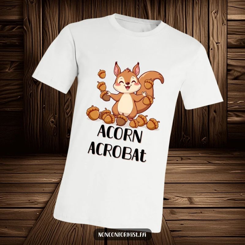 Funny t-shirt with a cheerful squirrel character comically juggling a wild assortment of differently sized acorns, perfect for humor lovers.
