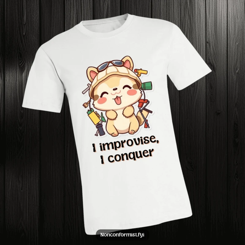 Funny T-Shirt illustrating a playful animal sticking its tongue out while constructing with odd items. A unique and funny gift.