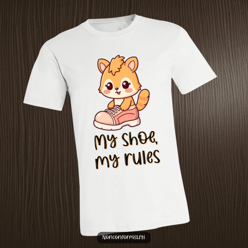 Funny t-shirt featuring a cat with a cheerful smirk sporting a single, ridiculously oversized shoe, symbolizing playful eccentricity.