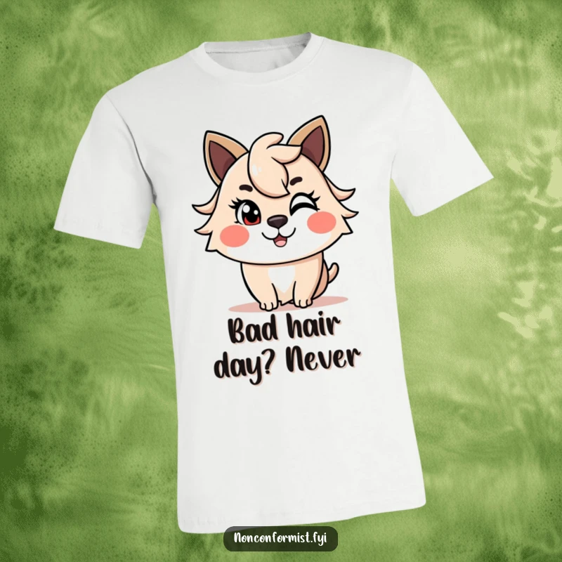 Funny T-Shirt of a cheerful animal winking, with a distinctive, asymmetrical haircut. A cool and funny gift.