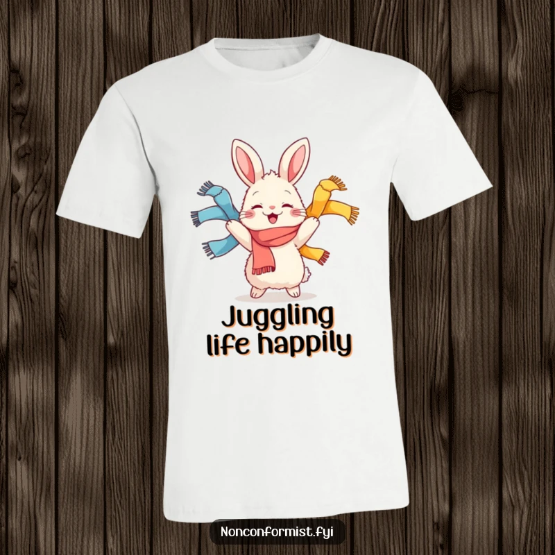 Funny t-shirt featuring a fluffy rabbit character joyfully juggling three colorful scarves, showcasing energetic performance and happiness.