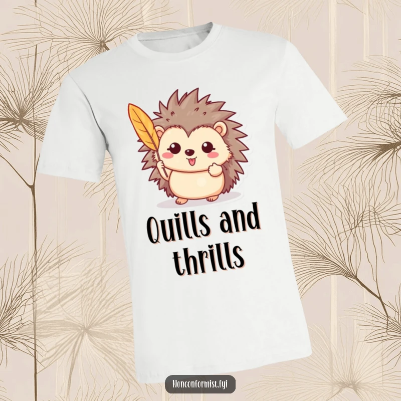 Funny t-shirt featuring a happy hedgehog character proudly holding up a single, brightly colored feather with a proud look.