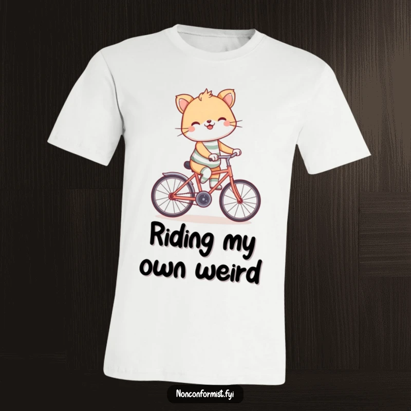 Funny backward bicycle t-shirt depicting a grinning animal in mismatched socks, joyfully riding a bike in reverse.