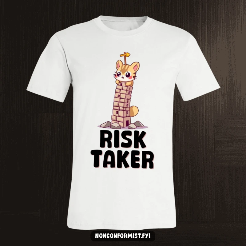 Funny t-shirt featuring a small hamster with a determined face, constructing a comically leaning tower, highlighting persistence.