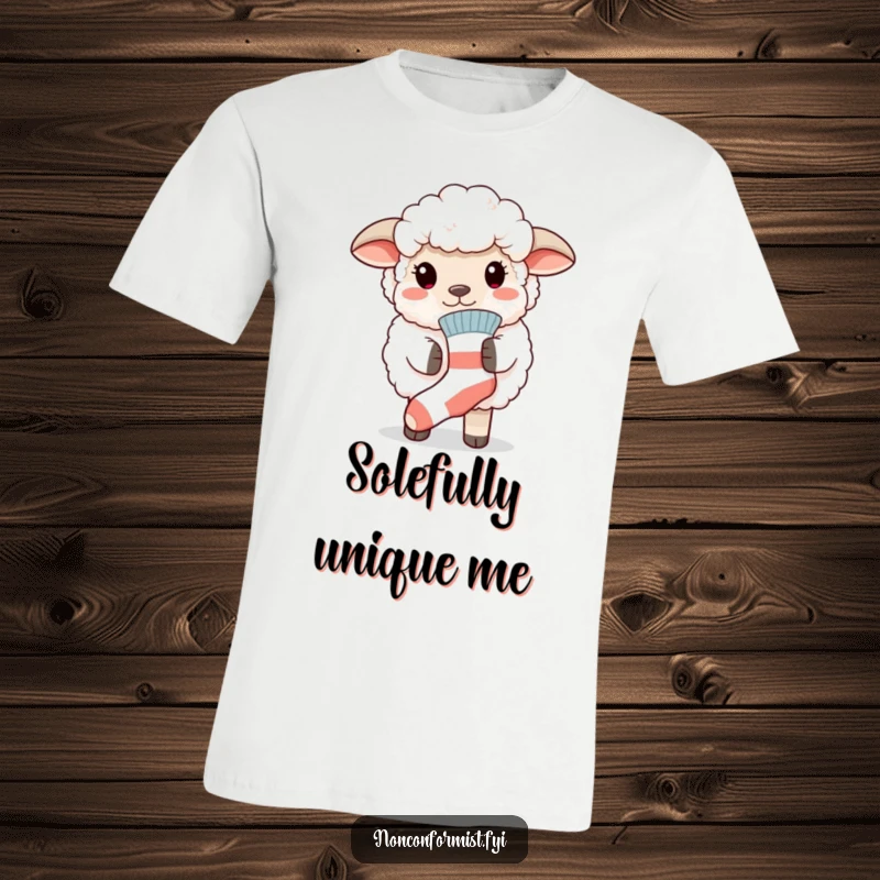 Funny t-shirt with a fluffy sheep confidently sporting a mismatched sock, representing individuality and playful non-conformity.