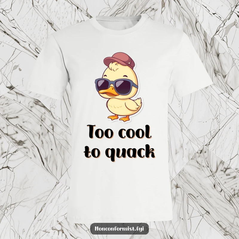 Funny Duck T-Shirt: A duck sports oversized sunglasses and a tiny jaunty cap, a humorous and stylish funny gift.