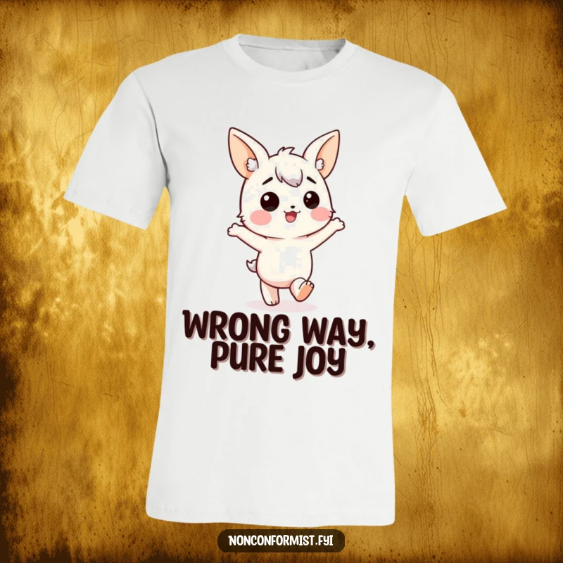 Funny T-Shirt: Character with mismatched ears, joyfully marching in the incorrect direction, humorous and spirited design.